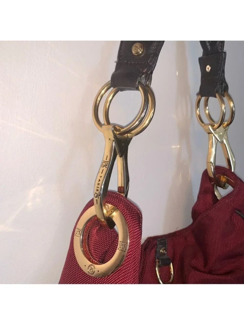 JPK Paris 75 Elegant Red Hobo Bag with Gold Details